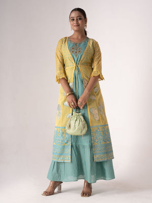 Rajwada Teal Art Silk Designer Embroidered Semi-Stitched Kurta With Shrug For Women
