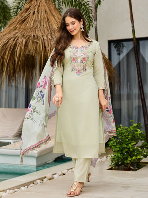 Rajwada Pista Green Chinon Embriodered Stitched Kurta Set For Women