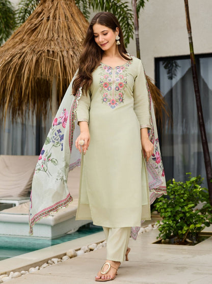 Rajwada Pista Green Chinon Embriodered Stitched Kurta Set For Women