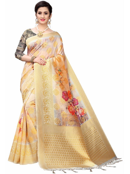 Rajwada Golden Silk Blend Floral Printed Saree For Women