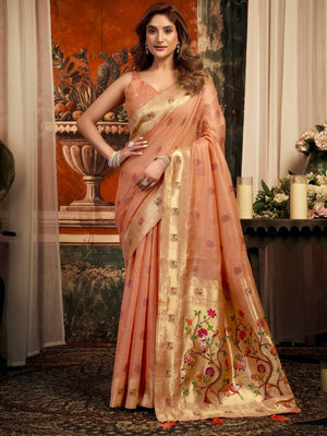 Rajwada Peach Silk Blend Solid Saree For Women