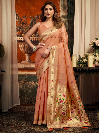 Rajwada Peach Silk Blend Solid Saree For Women