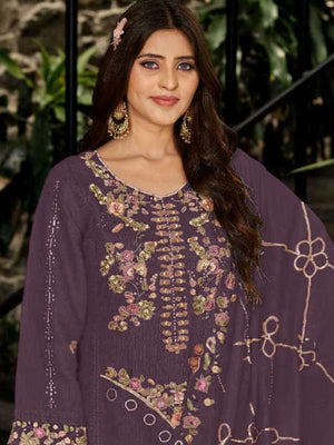 Rajwada Mauve Georgette Embellished Semi-Stitched Kurta Set For Women