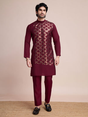 Rajwada Maroon Silk Blend Embellished Stitched Kurta With Pant For Men