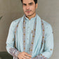 Rajwada Sky Blue Viscose Silk Embroidered Stitched Kurta For Men