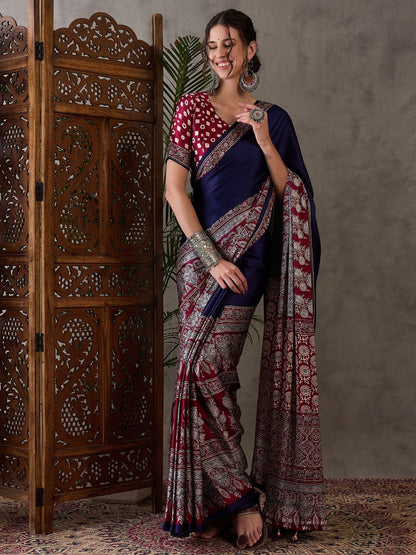 Rajwada Navy Blue And Maroon Silk Blend Printed Elegant Saree For Women