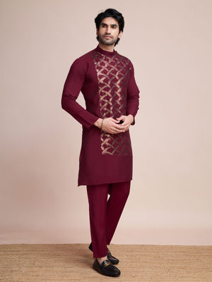 Rajwada Maroon Silk Blend Embellished Stitched Kurta With Pant For Men