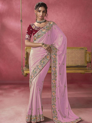 Rajwada Pink Georgette Embroidered Elegant Saree For Women