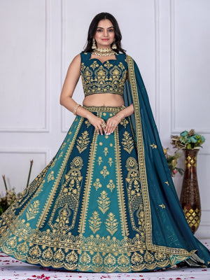 Rajwada Blue And Teal Georgette Embroidered Semi-Stitched lehenga For Women