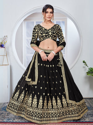 Rajwada Black Georgette Thread & Sequins Embroidered Semi-Stitched Lehenga For Women