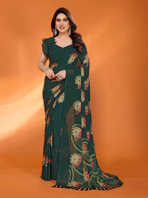 Rajwada Green Silk Blend Floral Print Saree For Women