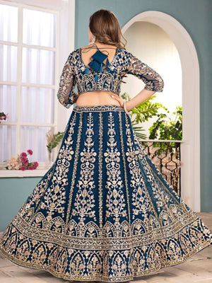Rajwada Teal Blue Net Sequence Embroidered Semi-Stitched Lehenga For Women