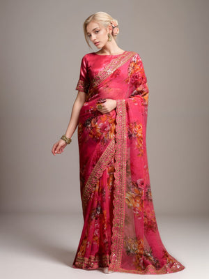 Rajwada Pink Georgette Printed Saree For Women