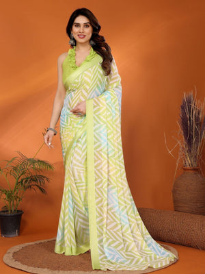 Rajwada Light Green Georgette Printed Saree With Unstitched Blouse For Women