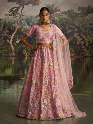 Rajwada Pink Net Embellished Semi-Stitched Lehenga For Women