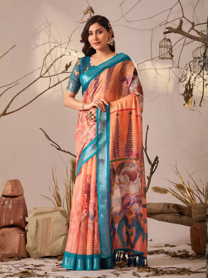 Rajwada Mutlicolor Linen Cotton Printed Saree For Women
