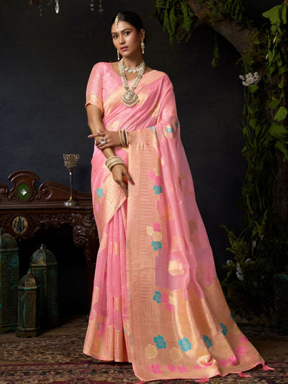 Rajwada Peach Organza Solid Saree For Women