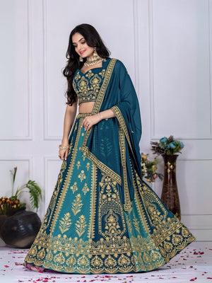 Rajwada Blue And Teal Georgette Embroidered Semi-Stitched lehenga For Women