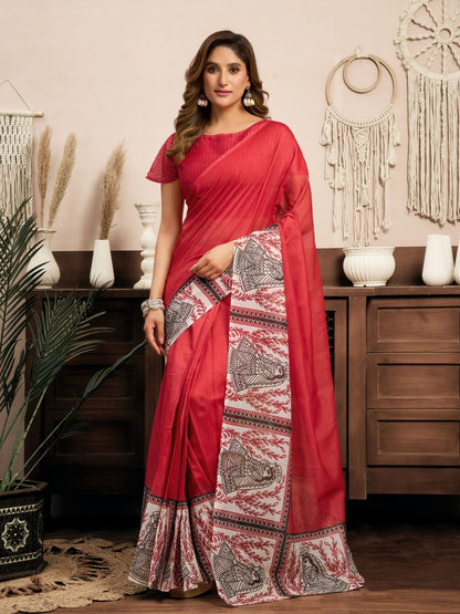 Rajwada Red Cotton Linen Zari Work Saree For Women