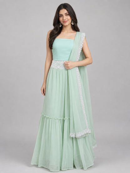 Pista Green Georgette Embroidered Lehenga