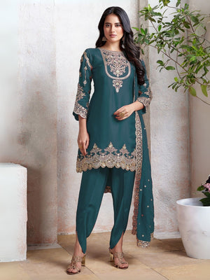 Rajwada Teal Blue Georgette Embroidered & Cutwork Semi-Sitched Kurta Set For Women
