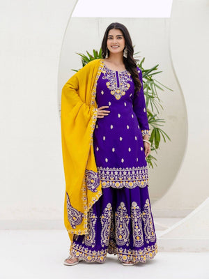 Rajwada Voilet Chiffon Embroidered Stitched Kurta Set For Women