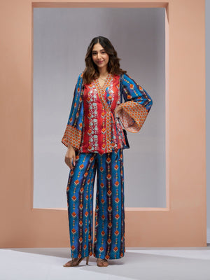 Rajwada Red And Blue Linen Printed Stitched Co-Ord Set For Women