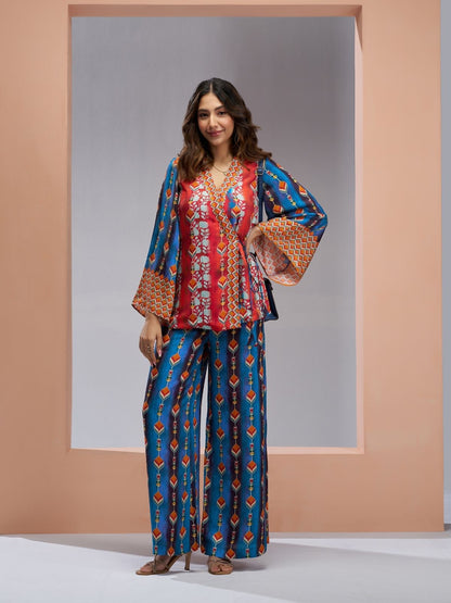 Rajwada Red And Blue Linen Printed Stitched Co-Ord Set For Women