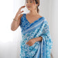 Rajwada Blue Chinon Printed Saree With Unstitched Blouse For Women