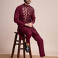 Rajwada Maroon Silk Blend Embellished Stitched Kurta With Pant For Men