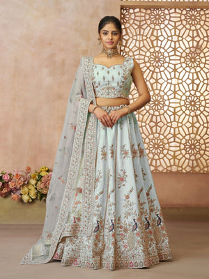 Rajwada Sky Blue Silk Blend Embroidered Semi-Stitched Lehenga For Women