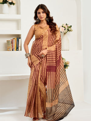 Rajwada Beige Cotton Linen Zari Work Saree For Women