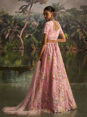 Rajwada Pink Net Embellished Semi-Stitched Lehenga For Women