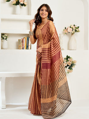 Rajwada Beige Cotton Linen Zari Work Saree For Women