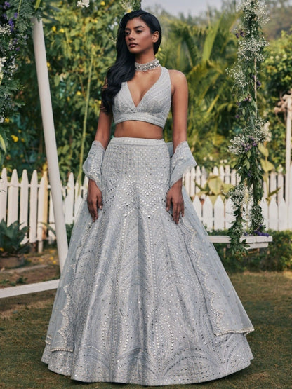 Rajwada Light Grey Silk Blend Embellished Semi-Stitched Lehenga For Women