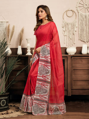 Rajwada Red Cotton Linen Zari Work Saree For Women