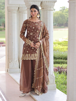 Rajwada Brown Silk Blend Embellished Kurta Set For Women