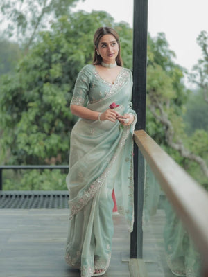 Rajwada Sea Green Organza Solid Saree For Women