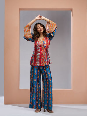 Rajwada Red And Blue Linen Printed Stitched Co-Ord Set For Women