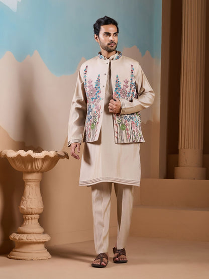 Rajwada Beige Silk Blend Embroidered Stitched Kurta Set For Men