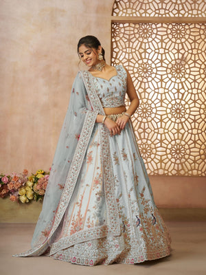 Rajwada Sky Blue Silk Blend Embroidered Semi-Stitched Lehenga For Women
