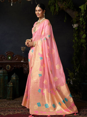 Rajwada Peach Organza Solid Saree For Women