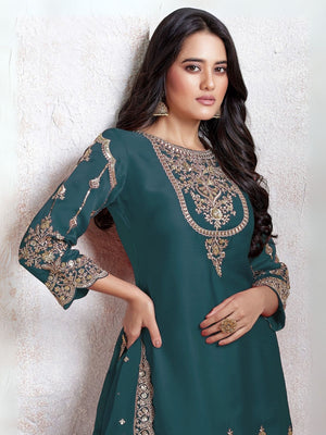 Rajwada Teal Blue Georgette Embroidered & Cutwork Semi-Sitched Kurta Set For Women