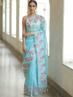 Rajwada Sky Blue Organza Embroidered Solid Saree For Women