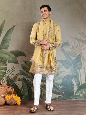 Rajwada Yellow Viscose Silk Embroidered Stitched Kurta For Men