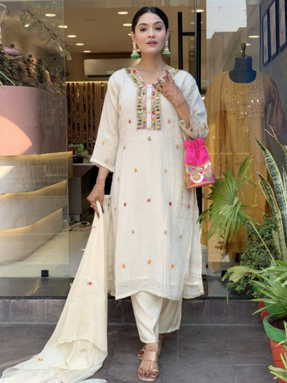 Rajwada Off White Chinon Embriodered Stitched Kurta Set For Women