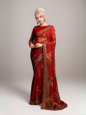 Rajwada Red Georgette Printed Saree For Women