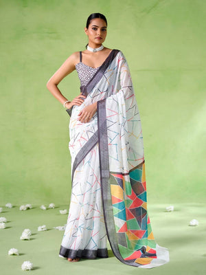 Rajwada White Cotton Linen Solid Printed Saree For Women