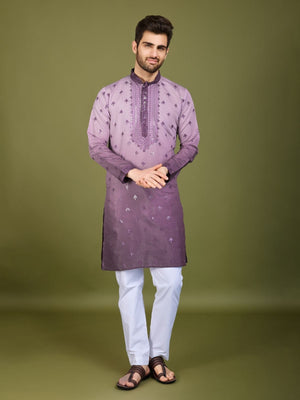 Rajwada Purple Viscose Silk Sequins Stitched Kurta For Men