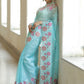 Rajwada Sky Blue Organza Embroidered Solid Saree For Women